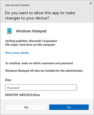 Screenshot of the User Access Control prompt seen by the device adming