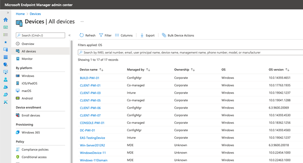 Screenshot of the Microsoft Endpoint Manager admin center showing an inventory of devices with Defender for Endpoint and information on how they are managed.