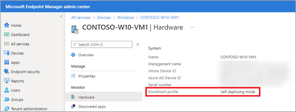 Screenshot of the Microsoft Endpoint Manager admin center > Device pane to help troubleshoot/identify which Intune managed devices were enrolled via self-deploying or pre-provisioned mode.
