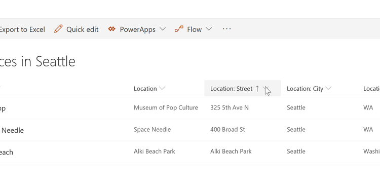 A SharePoint list of locations in Seattle sorted by street address