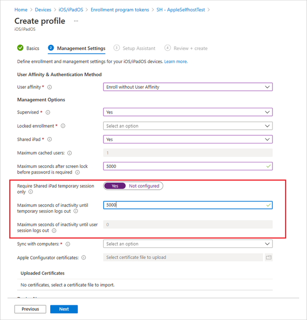 Image of the Microsoft Endpoint Manager admin center and where the admin configures shared iPad settings