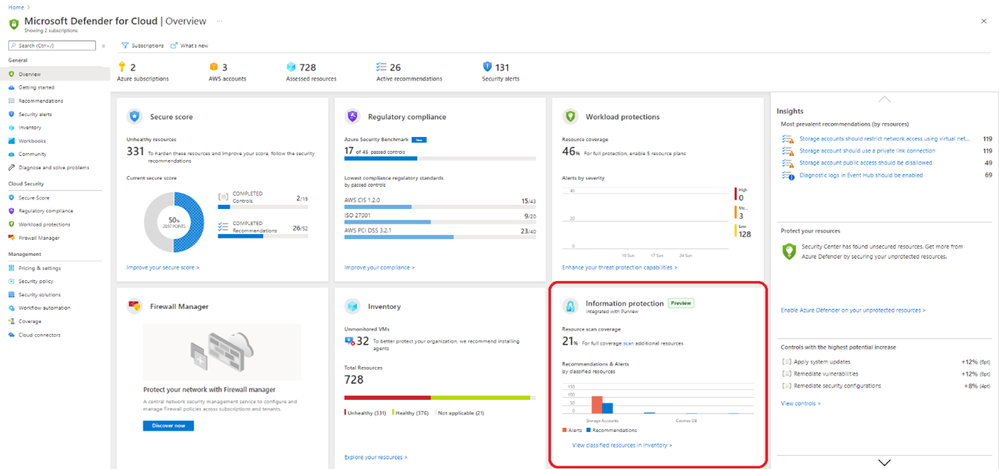 Image 2 - The new Information protection tile in Defender for Cloud, integrated with Azure Purview.png