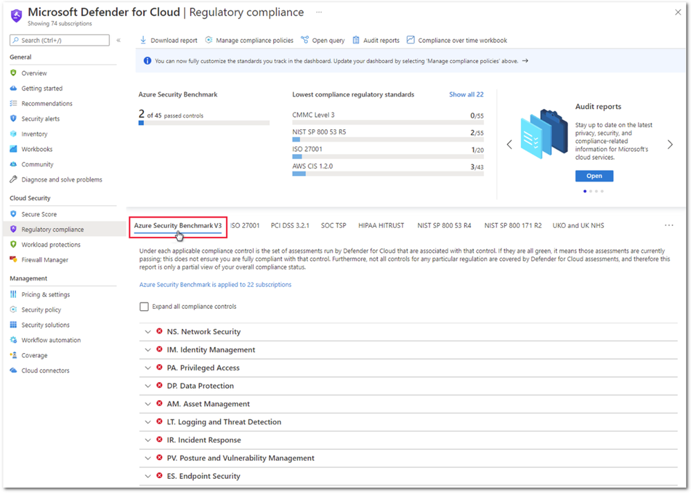 Image 7- Azure Security Benchmark as the new default compliance framework in the Microsoft Defender for Cloud portal.png