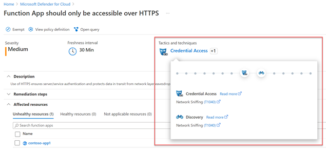 Image 6- View of the new “Tactics and techniques” mapping section within Defender for Cloud recommendations.png