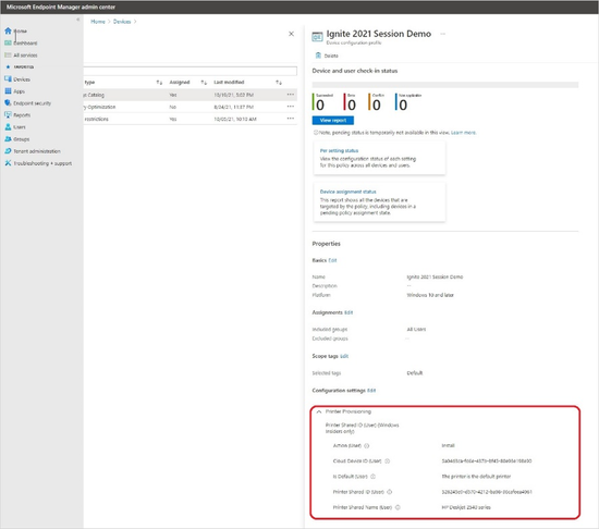 Screenshot of printer provisioning options within the Microsoft Endpoint Manager admin center