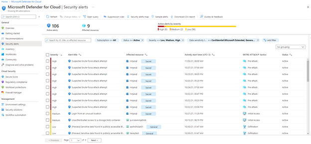 Image 6- Security alerts filtered to show alerts affecting resources with sensitivity labels.png