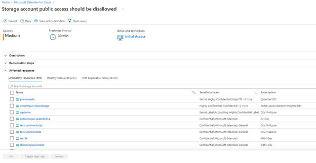 Image 5- Azure Storage recommendation showing unhealthy resources sorted by sensitivity label order.png