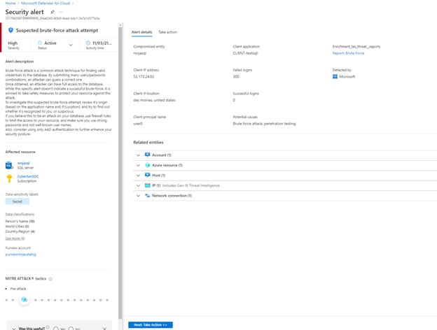 Image 7-  Single alerts showing classification found using Azure Purview on the affected resource.png