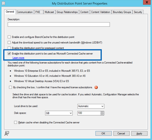 Screenshot of the My Distribution Point Server Properties dialog. Enable this distribution point to be used as Microsoft Connected Cache server