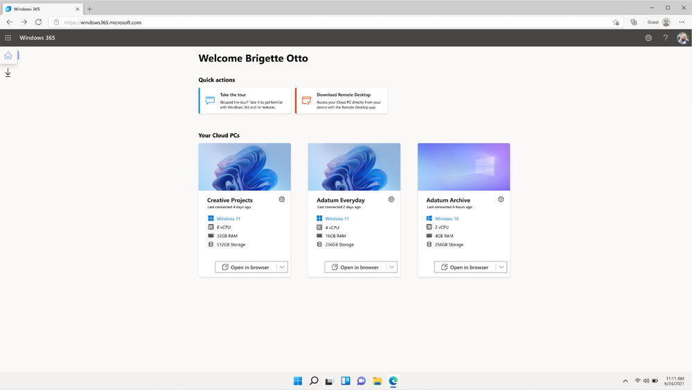 Screenshot of Windows365.microsoft.com with options to launch a Windows 11 or Windows 10 Cloud PC