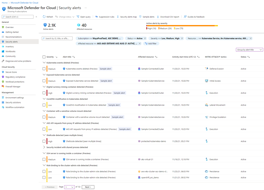 Image 4: Examples of container specific threat detection alerts in Microsoft Defender for Cloud