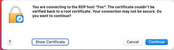 Skip missing certificate warning in RDP for MacOS | Microsoft Community Hub