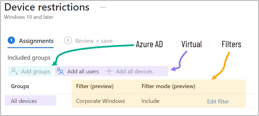 Screenshot of an Intune - Windows 10 and later Device restrictions policy with Azure AD, Virtual, and Filters highlighted.