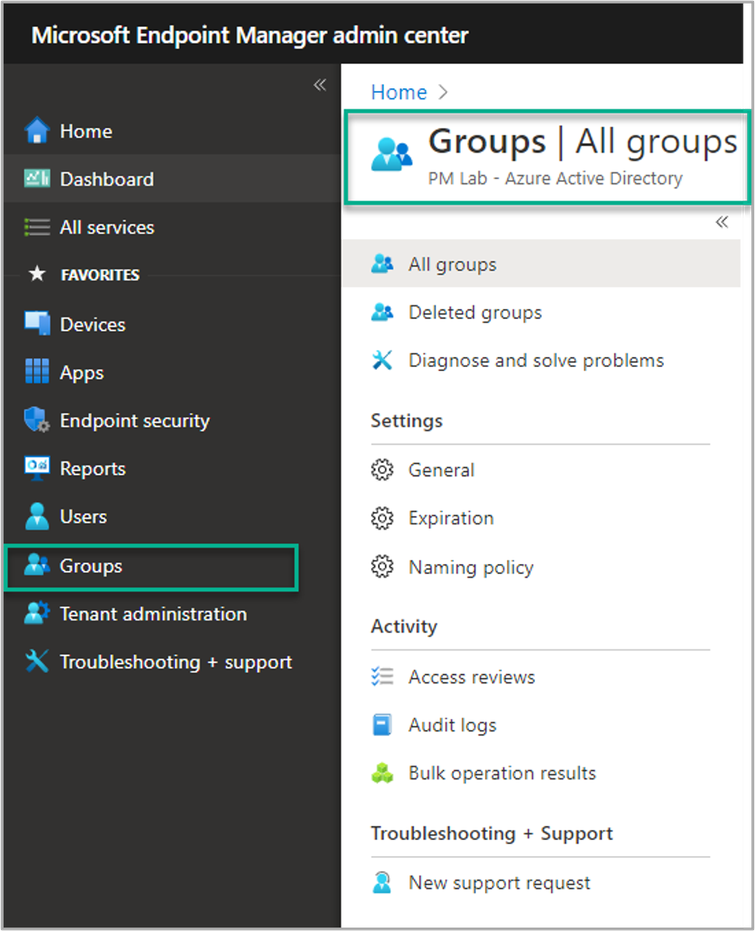 Screenshot of the Microsoft Endpoint Manager admin center with the Groups blade highlighted.