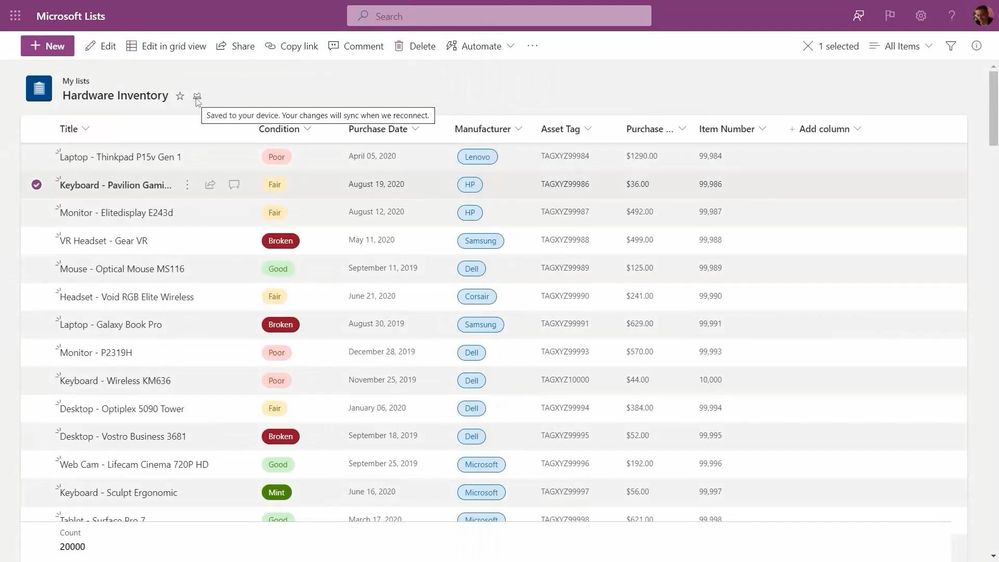 New Lists indicators show when your items are being save to your device (offline; as shown above), when the list is synchronizing, and when all is up to date (synced).