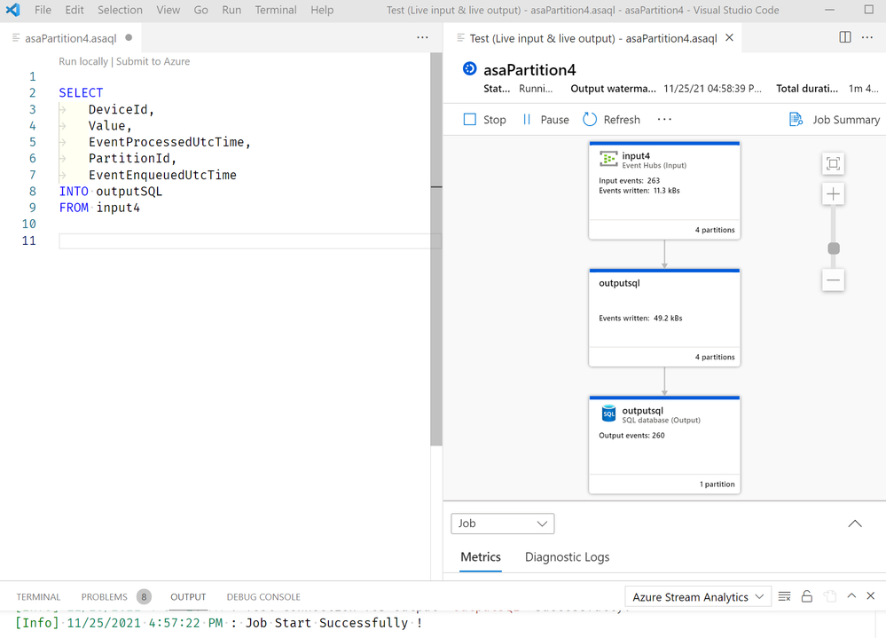 VS Code + ASA Tools : A simple job reads data from Event Hub, and writes to a table in Azure SQL