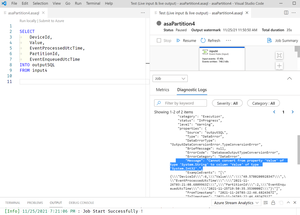 VS Code + ASA Tools : The diagnostic logs view displays live logs, making debugging much faster