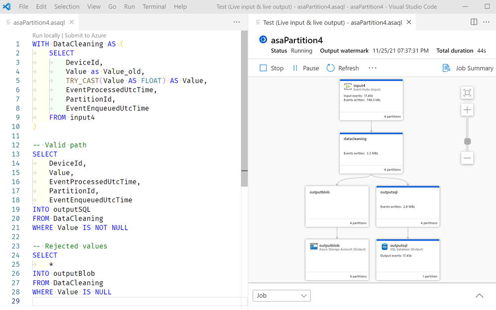 VS Code + ASA Tools : The query was updated to properly cast the field, and redirect errors to a new output