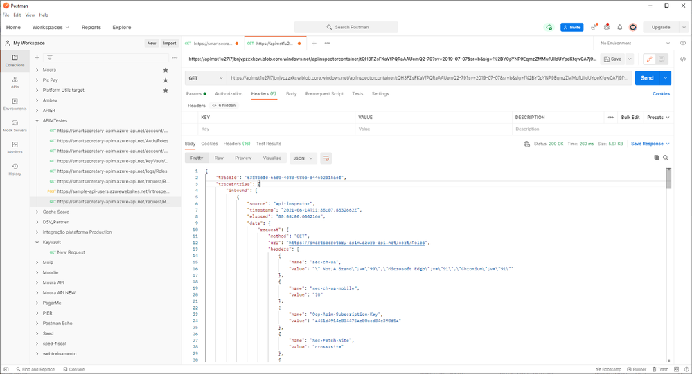 Resultado do Trace do APIM fora do portal do Azure