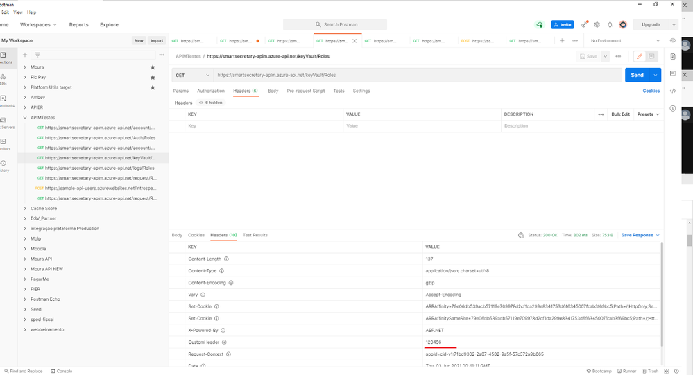 Postman com resultado de uma variável atrelada do key vault sendo exposta por um header de saída