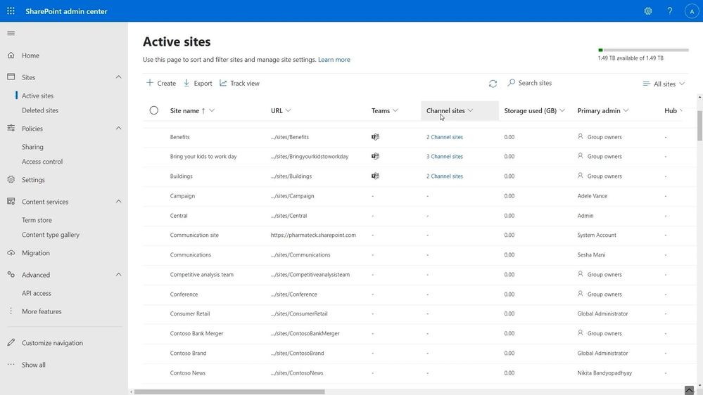 The Active sites page of the SharePoint admin center lets you view SharePoint sites in your organization (including communication sites and team sites connected to Microsoft Teams and related channel sites).