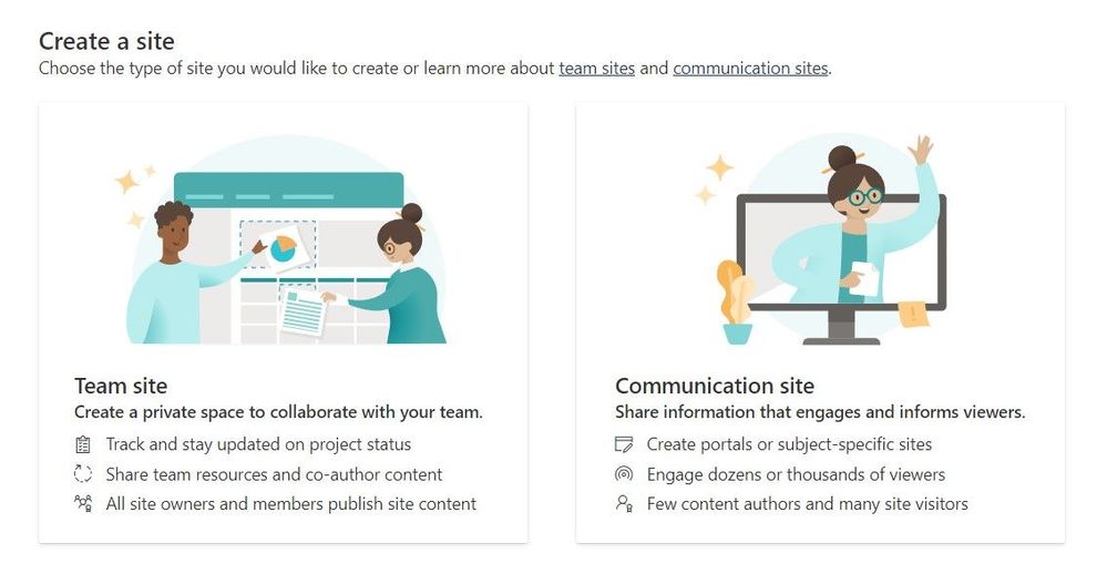 After clicking "+ Create site" from the SharePoint start page in Microsoft 365, you can then create a Team site or a Communication site – now with clarity on what comes with each throughout the creation wizard.