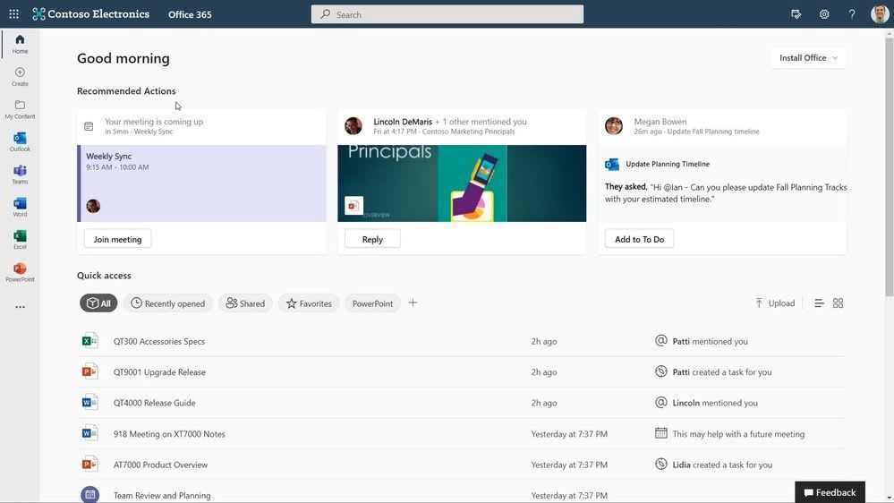 Recommended action at the top of Office.com alert you to important actions – like meeting reminders, comment replies, and To Do task suggestions, plus Quick access below to an infinite list of your recent content.