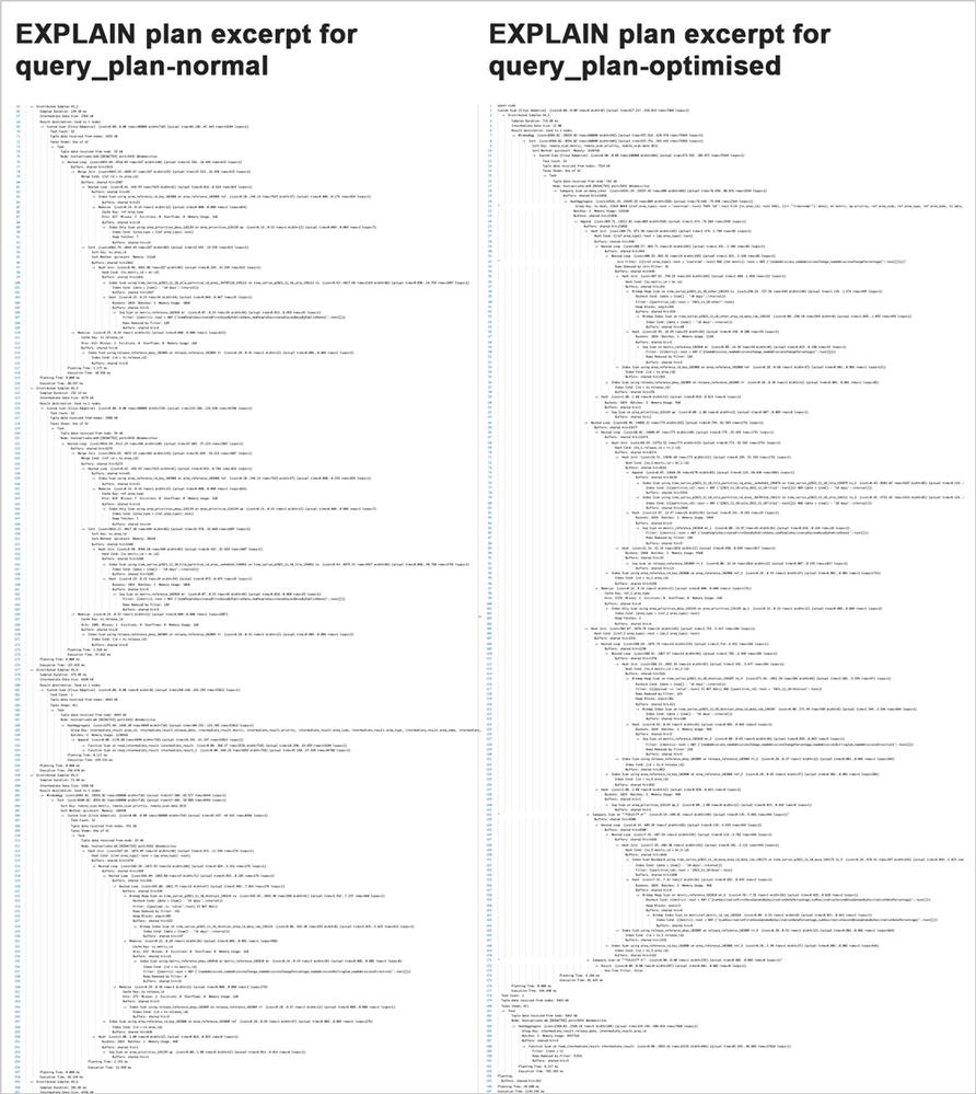 Figure 7: The UKHSA team needed to break up a particularly long SQL query, which retrieves granular data per postcode, to address latency issues caused by locks. This is a side-by-side comparison of the EXPLAIN plans for the SQL query before and after optimization.