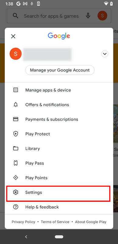Example of the Google Play Store app Settings screen.