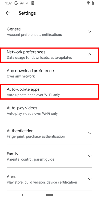 Google Play Store settings screen.