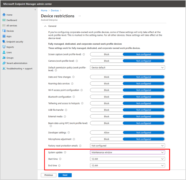 Microsoft Endpoint Manager admin center Device restrictions profile with the System update, Start time and End time settings highlighted.