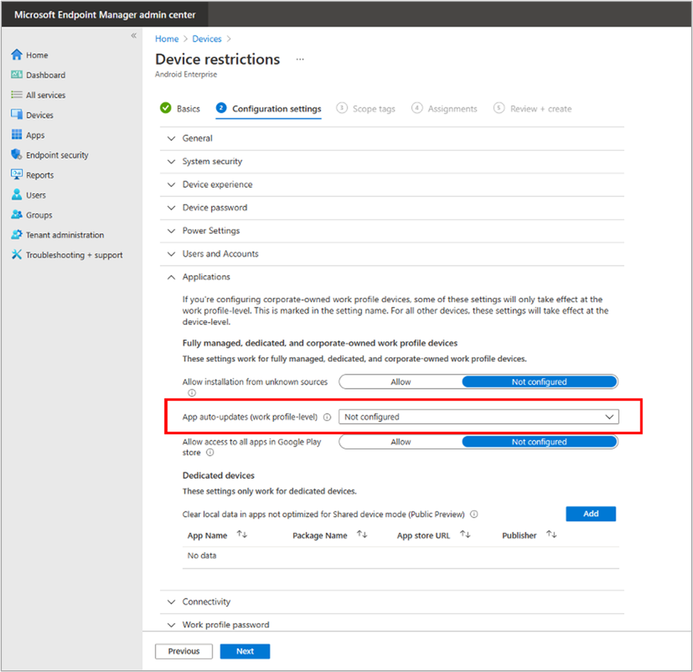 Microsoft Endpoint Manager admin center Device restrictions profile highlighting the "App auto-updates (work profile-level) setting.