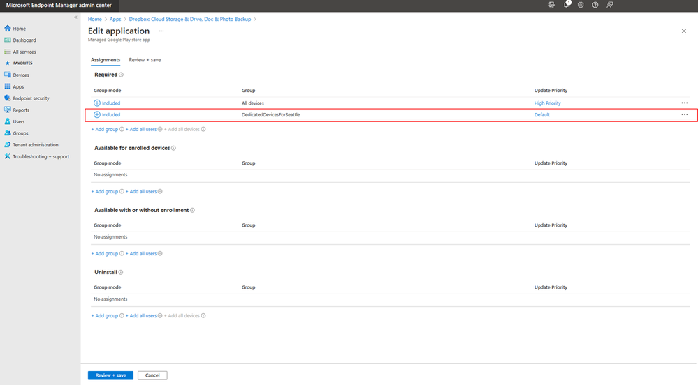 Dropbox app group assignments with the "Included" group mode highlighted in the Microsoft Endpoint Manager admin center.