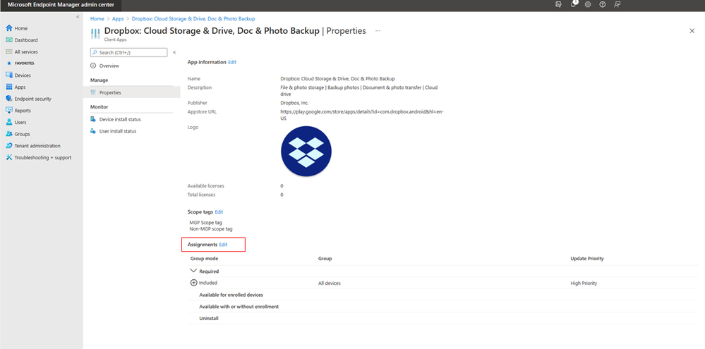 Dropbox app properties with the "Assignments" property highlighted in the Microsoft Endpoint Manager admin center.