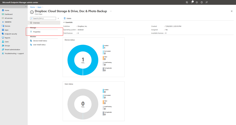 Dropbox app properties within the Microsoft Endpoint Manager admin center.