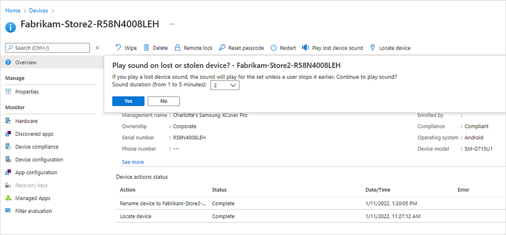 Screenshot of the IT admin view when triggering an auto alert for a lost device from the Microsoft Endpoint Manager admin center