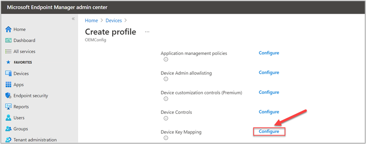 Device Key Mapping setting with the "Configure" option highlighted.