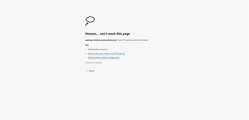 Acessando URL do APP Services pelo navegador, e recebendo um erro de resolução de DNS.