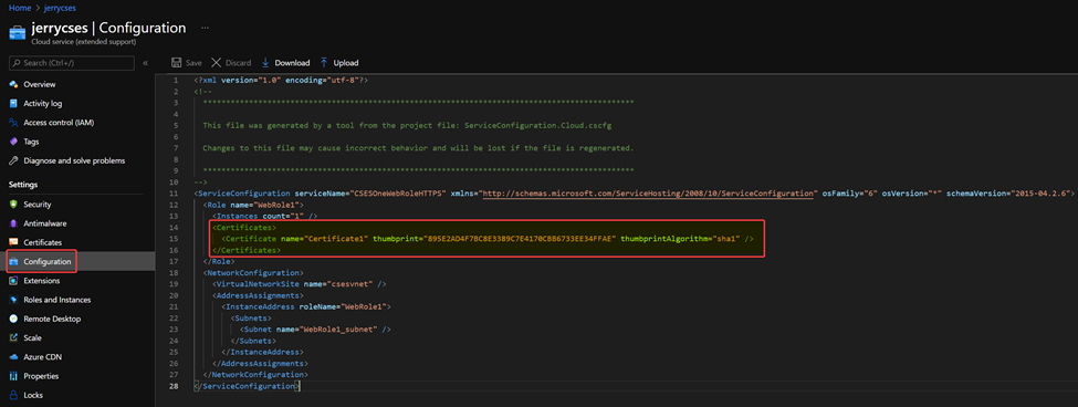 Configuration page in Azure Portal