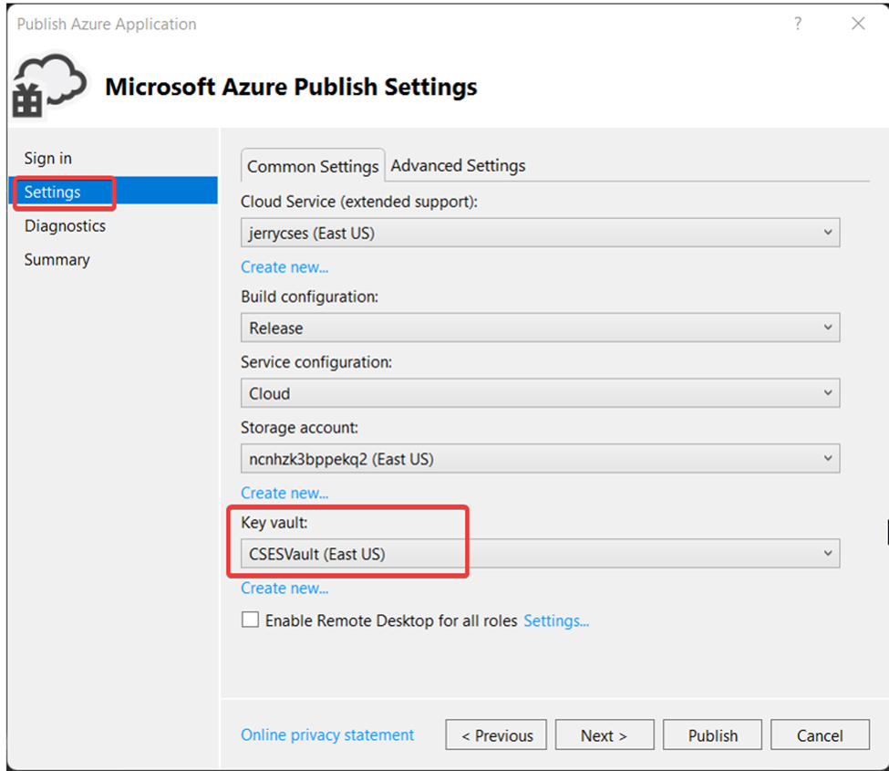 Visual Studio publish window setting page