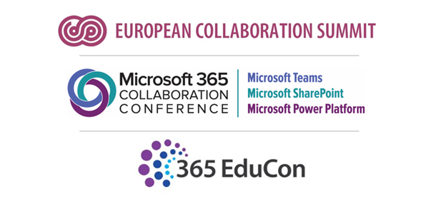Three recent in-person tech events, top-to-bottom: European Collaboration Summit (Düsseldorf, Germany), Microsoft 365 Collaboration Conference (Las Vegas, Nevada), and 365 EduCon (Washington D.C.).