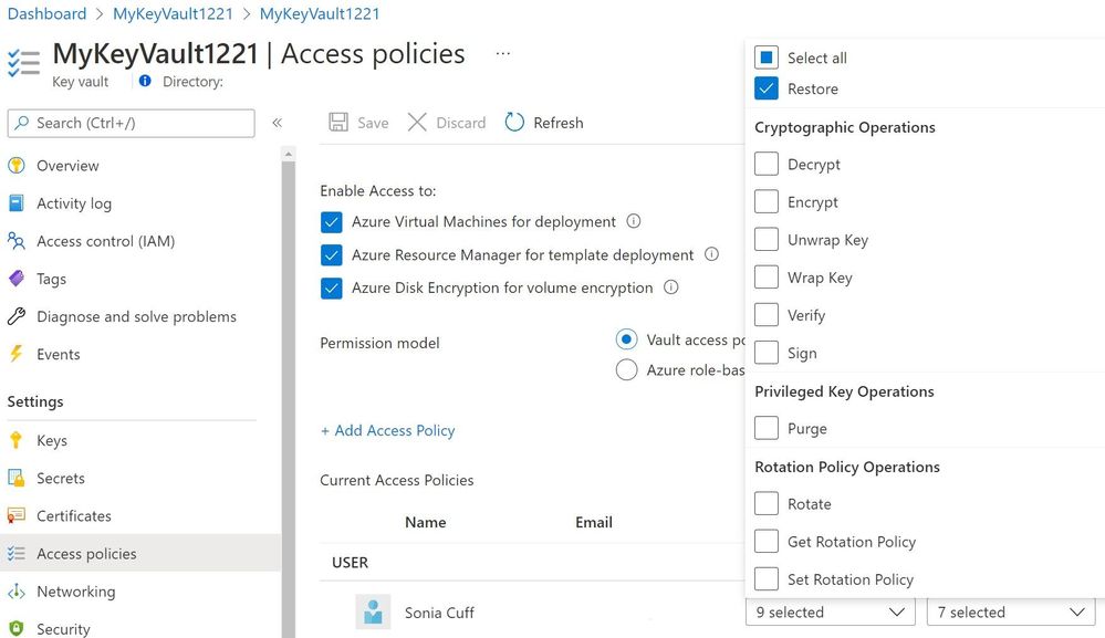 Setting the Key Vault access policies