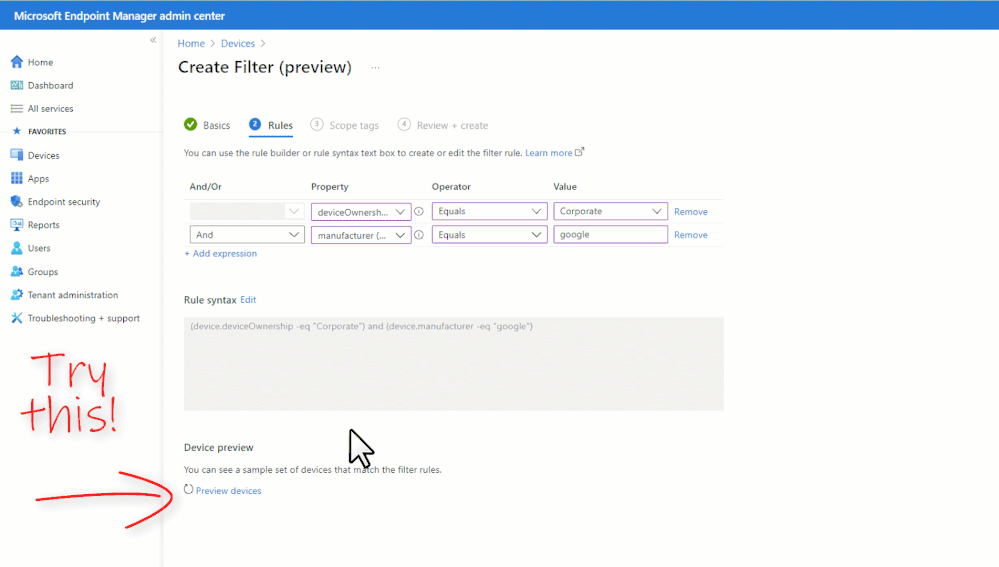 Animation showing the process of creating filters in the Microsoft Endpoint Manager admin center