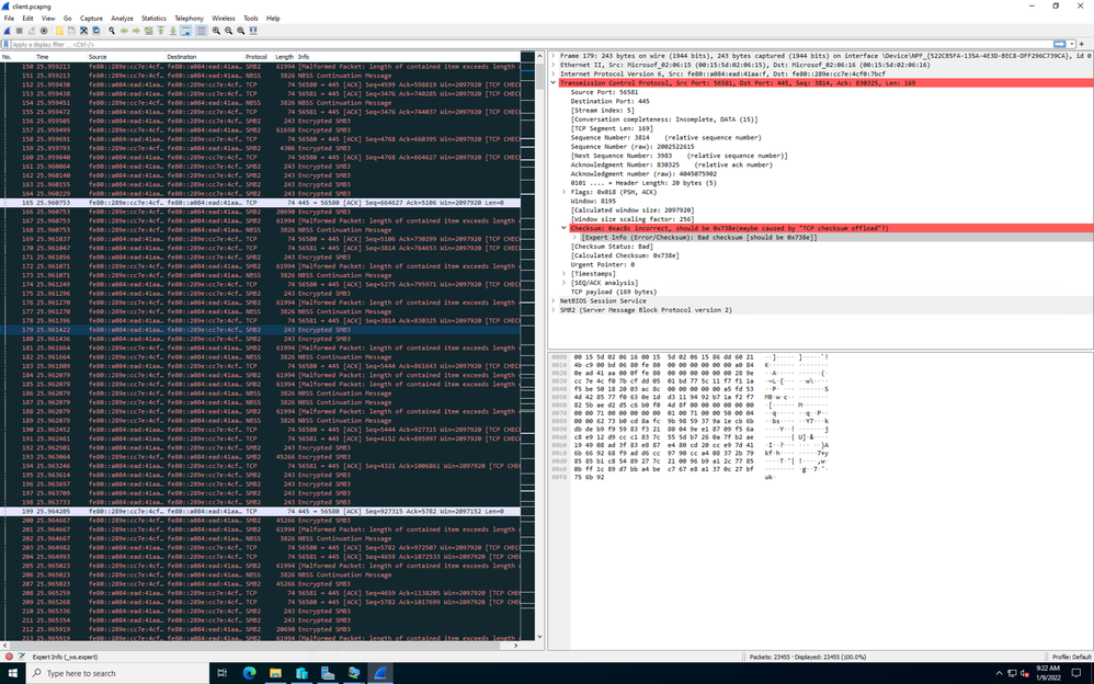 Client-side Wireshark trace showing excessive TCP checksum validation failures