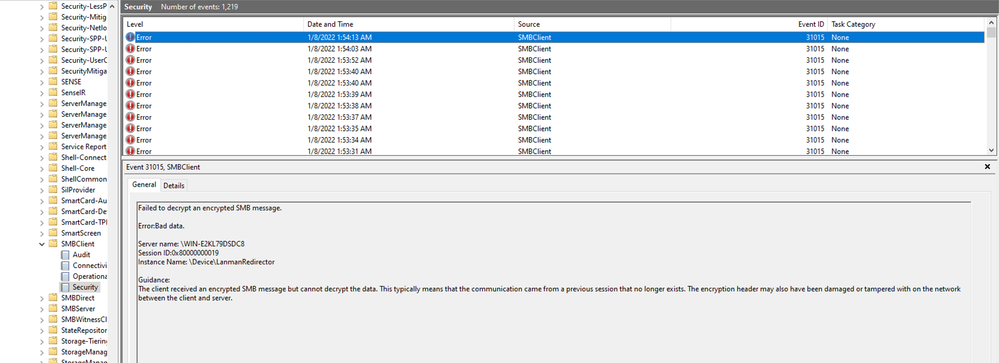 SMBClient event logs showing a series of events with ID 31015