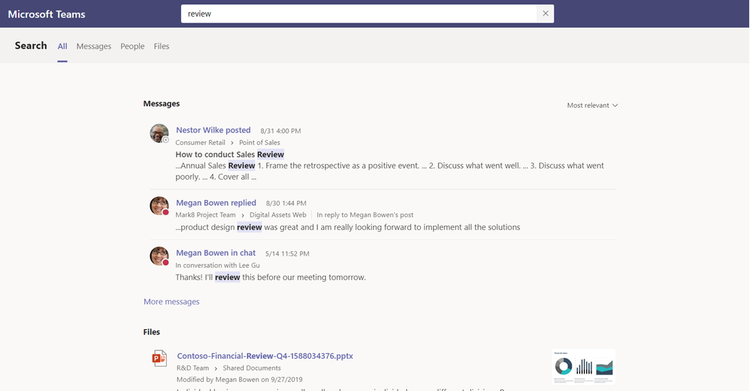 Teams search results now  feature four tabs based on what people search most frequently: All, Messages, People, and Files.