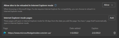 Internet Explorer mode pages will be removed from the list automatically after 30 days.