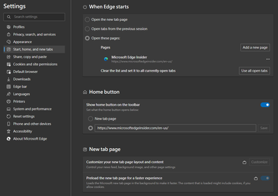 Sample settings screen - Start, home, and new tabs