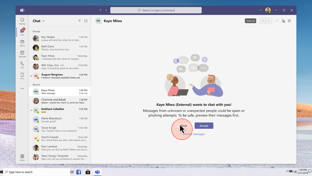 End users are not shown messages unless they click to preview, are reminded of the risks of external chat, and are asked to explicitly accept or block the message request.