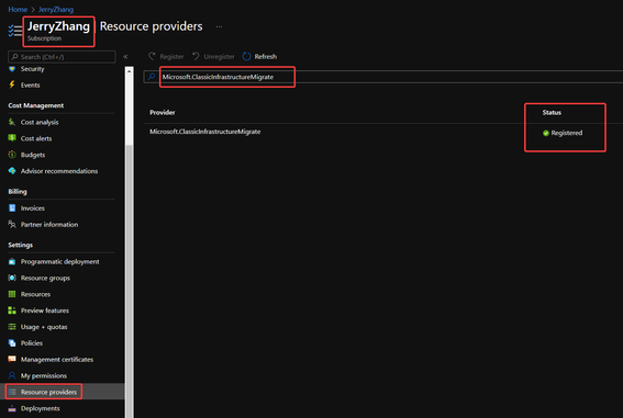 Page of resource provider registration in Azure Portal